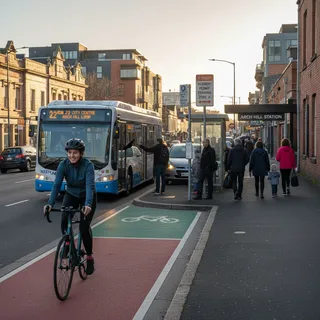 A photorealistic guide to Arch Hill transportation, showing parking, public transport, and biking options.