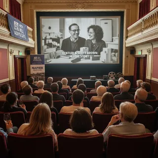 Robert Venturi and Denise Scott Brown in a warmly lit, realistic setting, celebrating their architectural legacy.