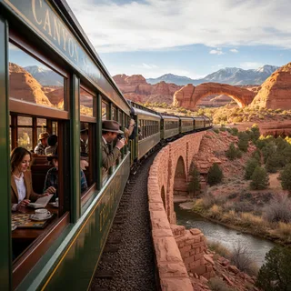 Luxury train travels through scenic American West, offering a peaceful, analog experience.