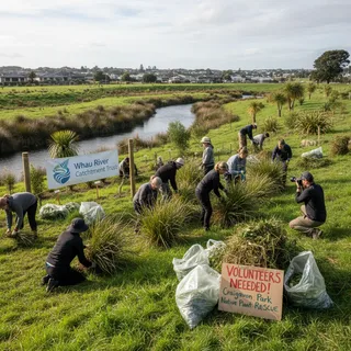 Volunteers weeding out invasive grasses and restoring native flora in Craigavon Park, Blockhouse Bay.