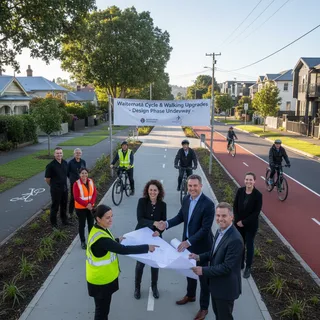 Plan showing proposed cycle lanes and walking paths overlayed on a map of Auckland suburbs.