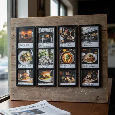 A photorealistic regional news photograph showcasing a diverse selection of 10 reliable dinner spots in the Arch Hill, Auckland area.