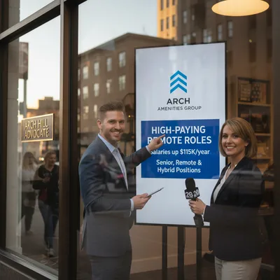 Modern office exterior with "Arch Amenities Group" signage, symbolizing remote job opportunities.