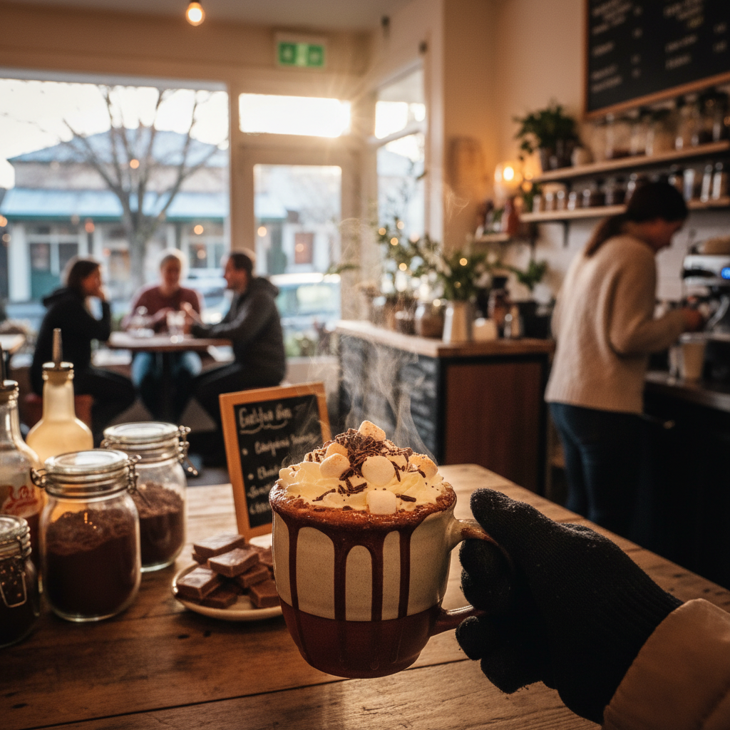 Decadent hot chocolates with whipped cream and chocolate shavings in Auckland cafes during winter.