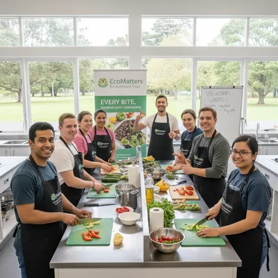 A Deaf chef smiling while teaching cooking to volunteers in a kitchen with natural lighting.