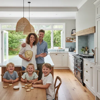 Award-winning kitchen in Grey Lynn villa, featuring modern appliances and a family-friendly island suitable for cooking and dining.