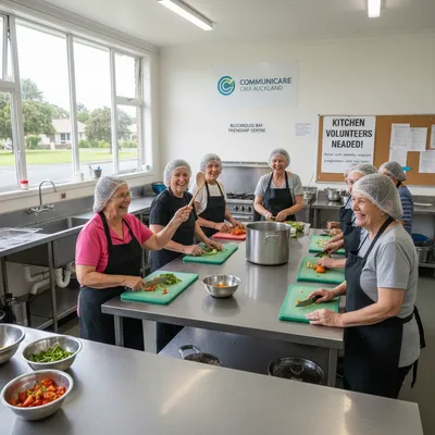 People working together in a kitchen preparing food for a community event