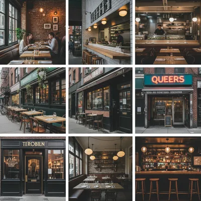Nine diverse New York City restaurants, with a focus on Brooklyn, are featured in a realistic, warm-toned photograph.