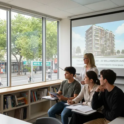 Four modern, realistic residential apartments with balconies are shown at The Greenhouse development in the Arch Hill Advocate region.