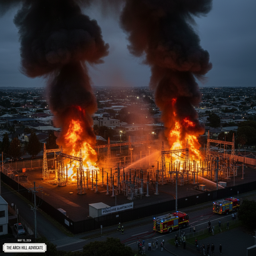 Fires at Penrose substation at night, causing widespread power outages in a city.