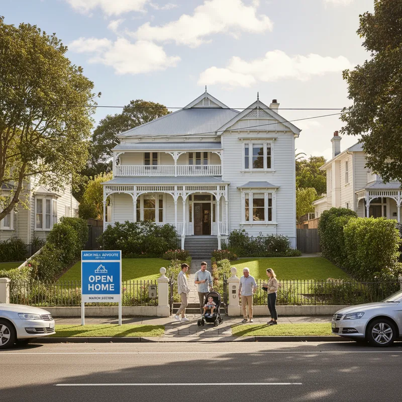 Colourful Herne Bay villa with 'For Sale' sign attracts visitors arriving for a Saturday open home viewing.