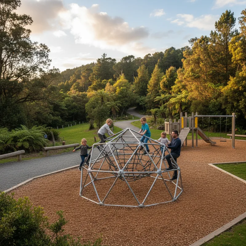 A family on the Arch Hill Scenic Reserve playground and climbing dome, with trails behind. — The Arch Hill Advocate