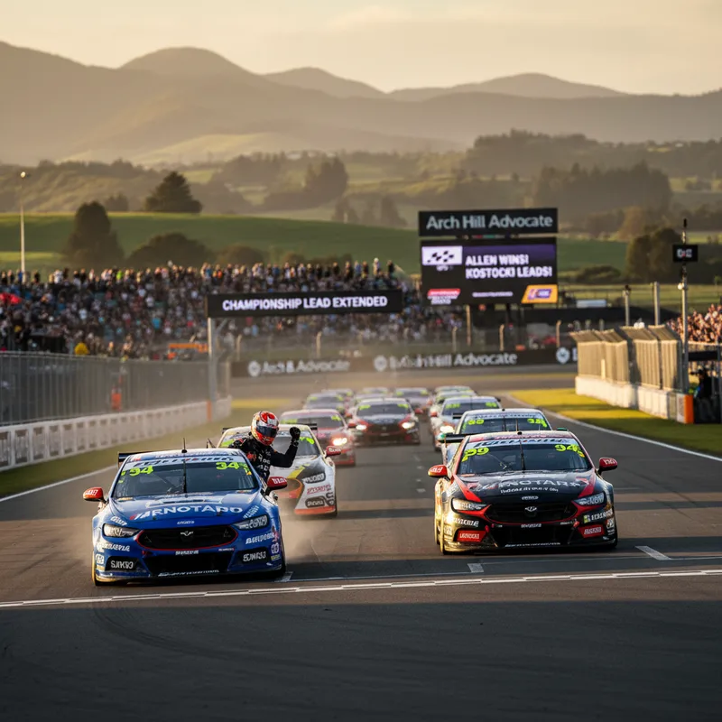 Kai Allen in a Supercar celebrates a win on a race track in Christchurch during a Supercars event.
