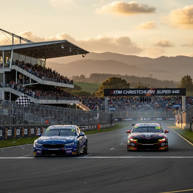 Supercars race in Christchurch with Kai Allen and Brodie Kostecki in action.