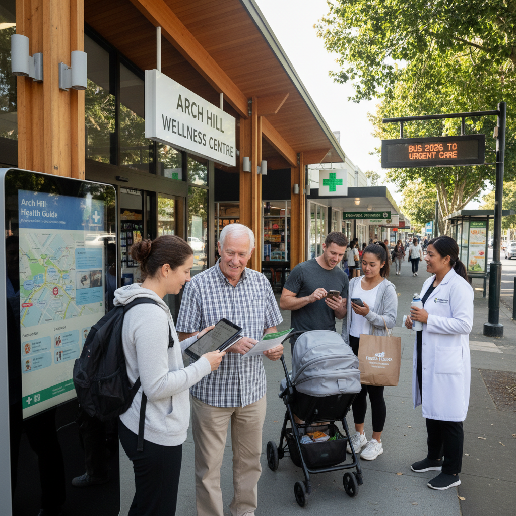 Healthcare providers in Arch Hill, including doctors, dentists, and physios, as depicted in a realistic news photograph for a 2026 guide.