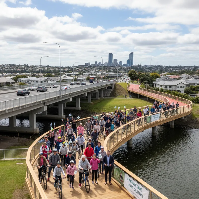 Cycling and walking paths through a realistic Auckland setting with natural lighting.