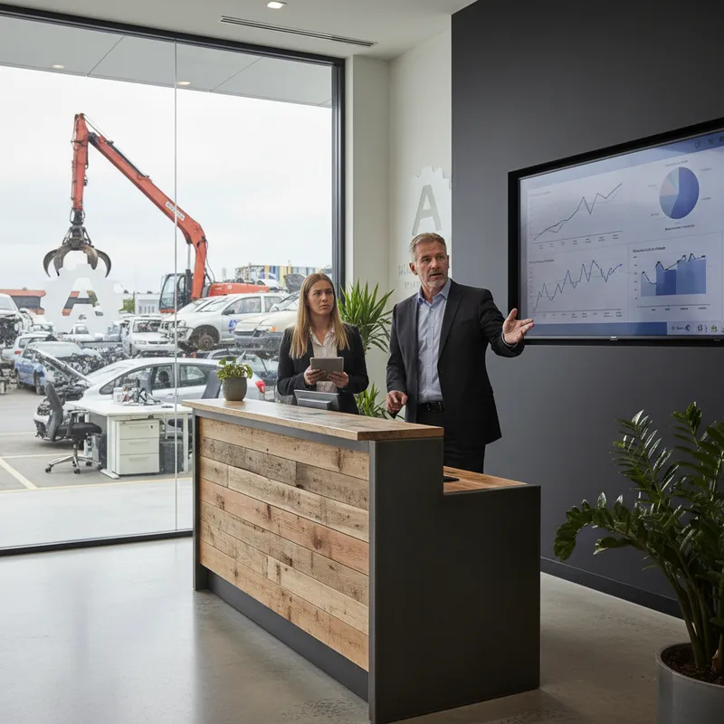 Modern office interior with a man in a suit discussing vehicle recycling with a colleague near a desk.