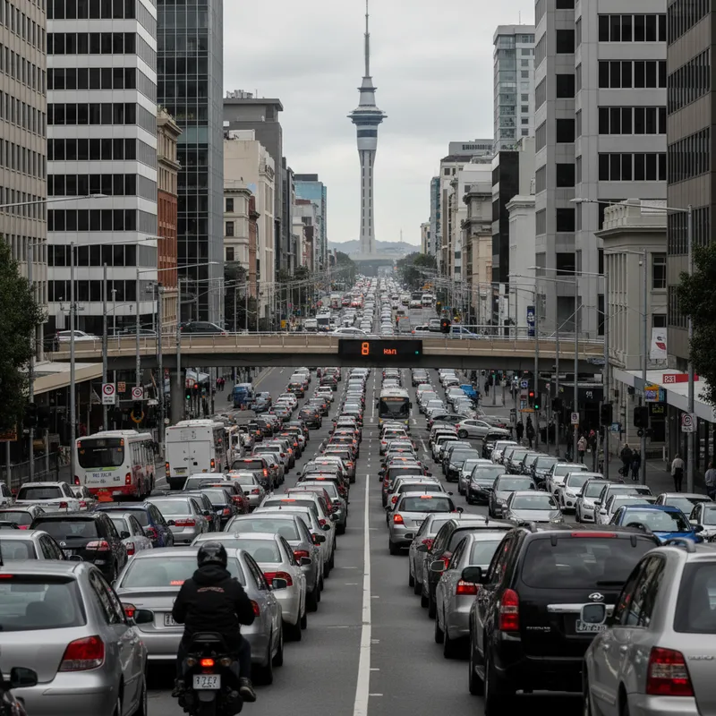Auckland map highlighting 16 traffic congestion hotspots with average morning speeds as low as 8km/h.