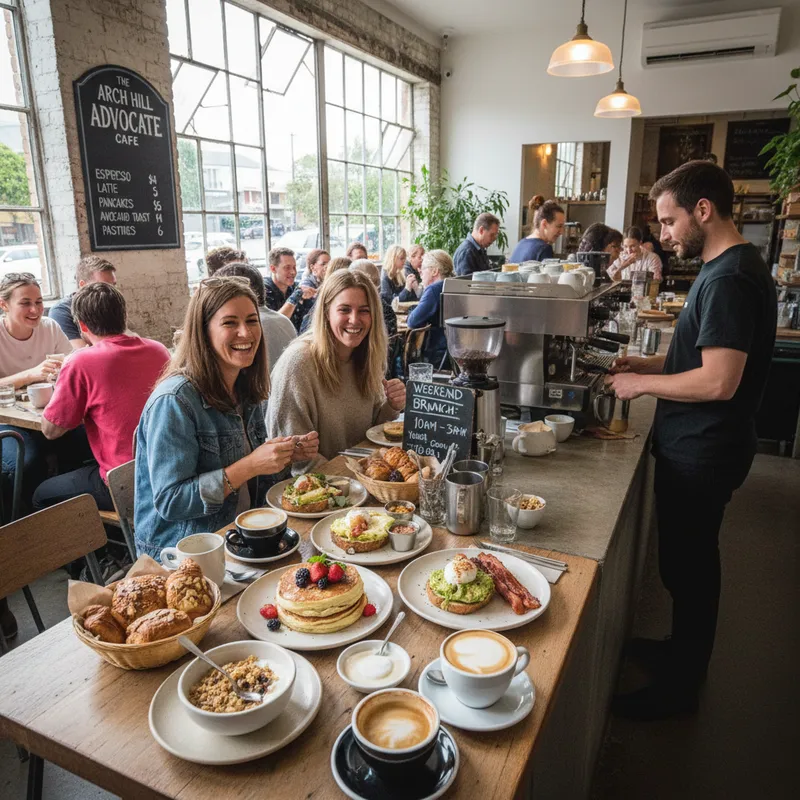 Several inviting Arch Hill cafes display vibrant brunch dishes and coffee, bathed in natural light.