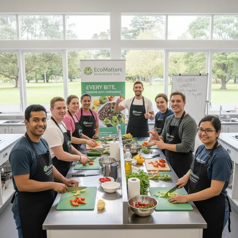 A Deaf chef smiling while teaching cooking to volunteers in a kitchen with natural lighting.