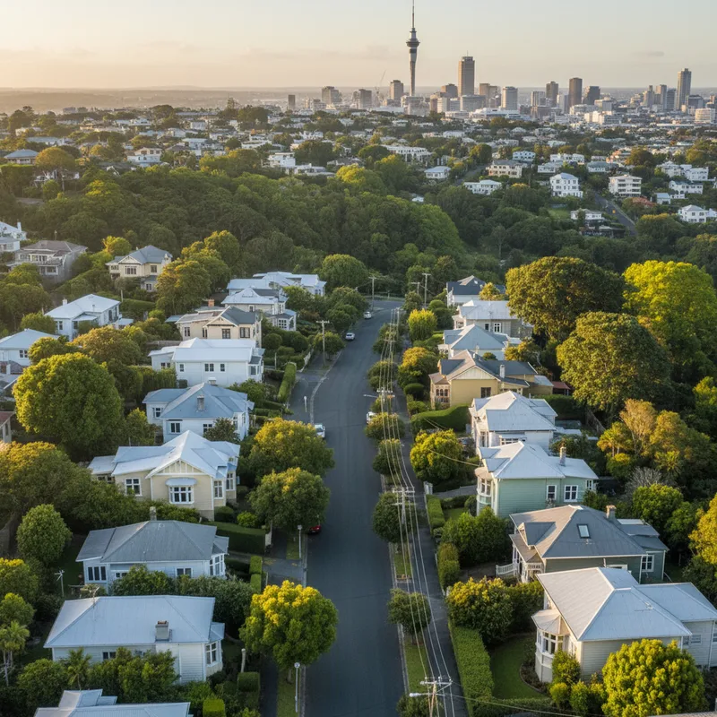 A residential street in Arch Hill, Auckland, with classic wooden villas nestled amongst green trees on a sunny day.