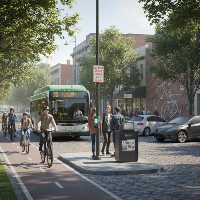 A street view in Arch Hill showing parked cars, a bus stop, and a dedicated bike lane.