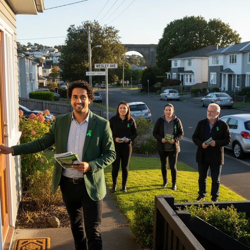 Green Party MP Ricardo Menéndez March doorknocking in Wesley to connect with new Mt Albert electorate residents.