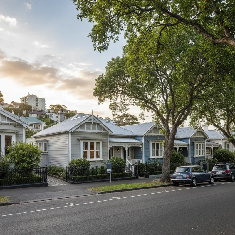 Street-level view of Tuarangi Road's Grey Lynn villas, showcasing the area's distinct streetscape character and architecture.