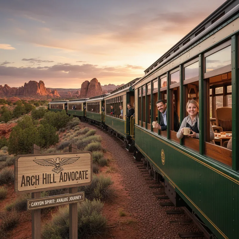 Canyon Spirit train traveling through scenic American West landscape, offering a slow travel experience.