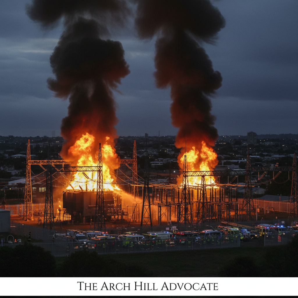 Fires at Penrose substation illuminate the night sky with smoke billowing into the darkness.
