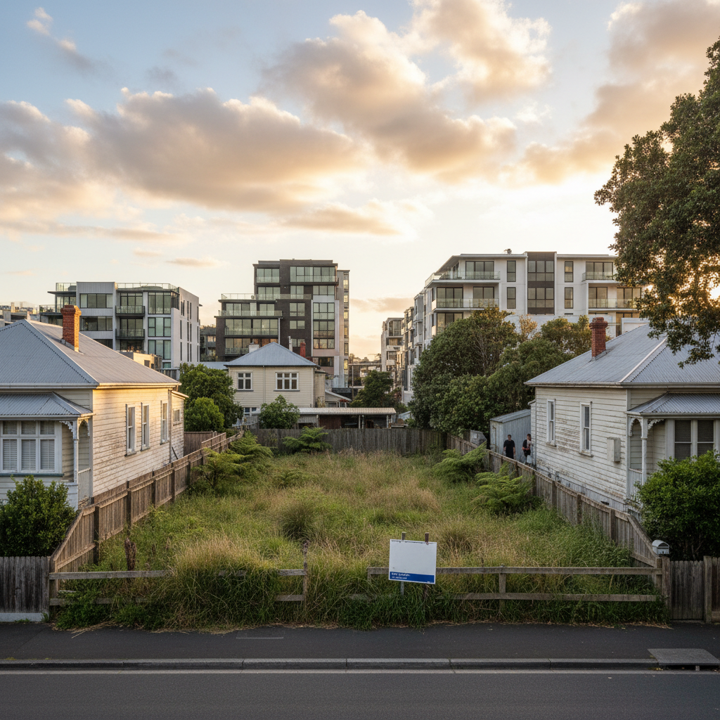 A photorealistic wide establishing shot of a cross-lease section in the historic Arch Hill Advocate region of Ponsonby.