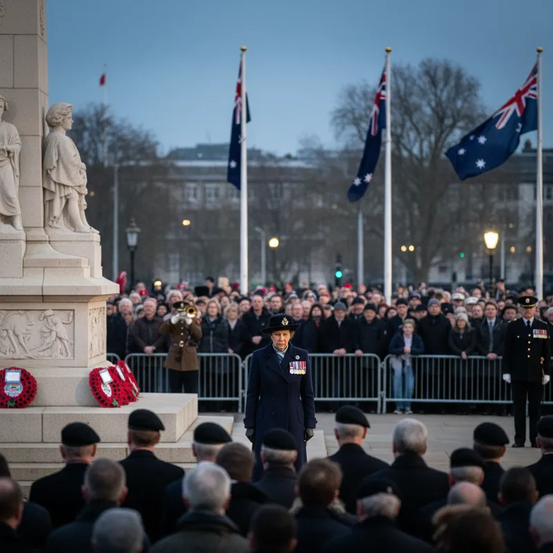 Princess Anne at a solemn Anzac Day dawn service in London, commemorating service members.