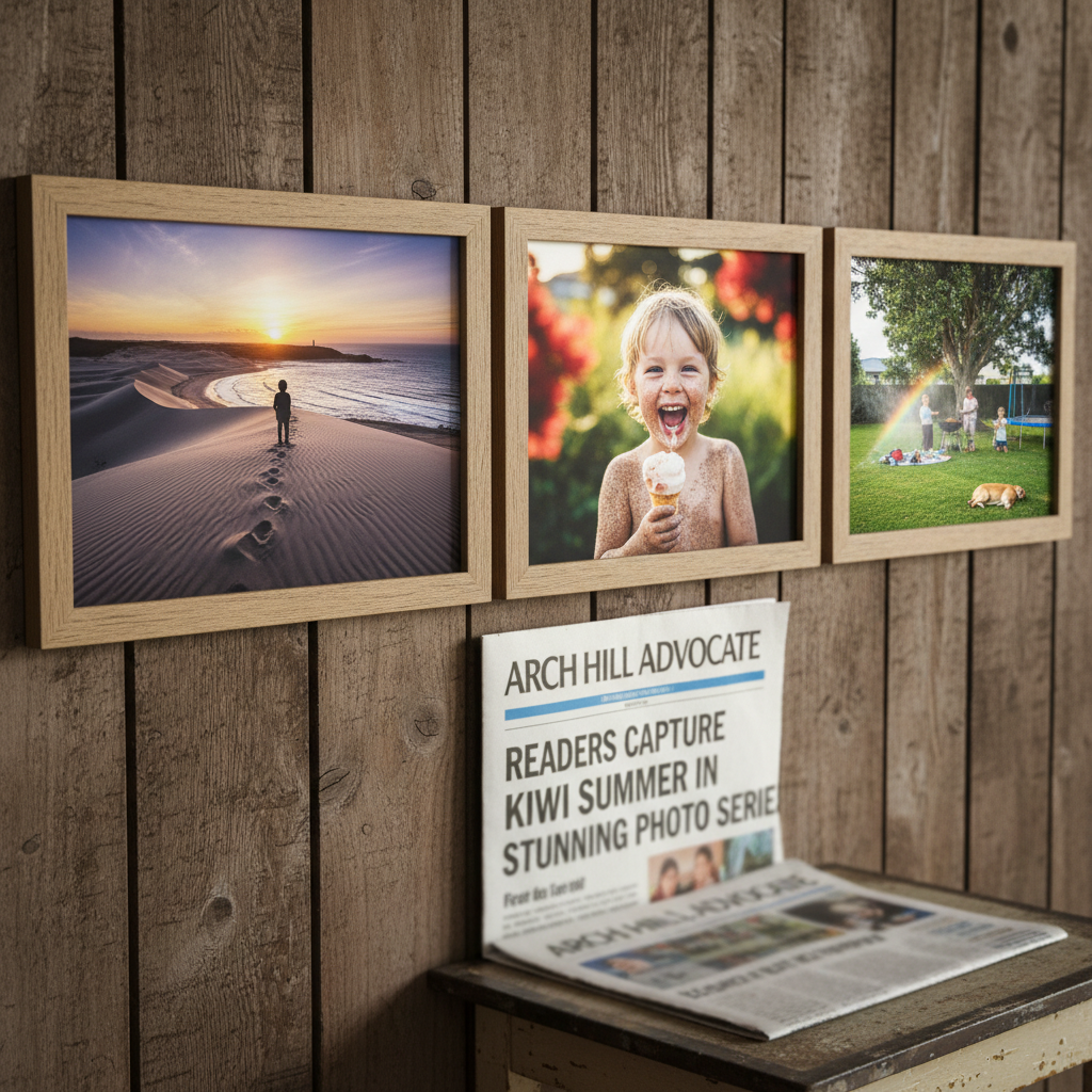 Summertime in New Zealand, featuring sand dunes and backyard scenes from a photo competition.