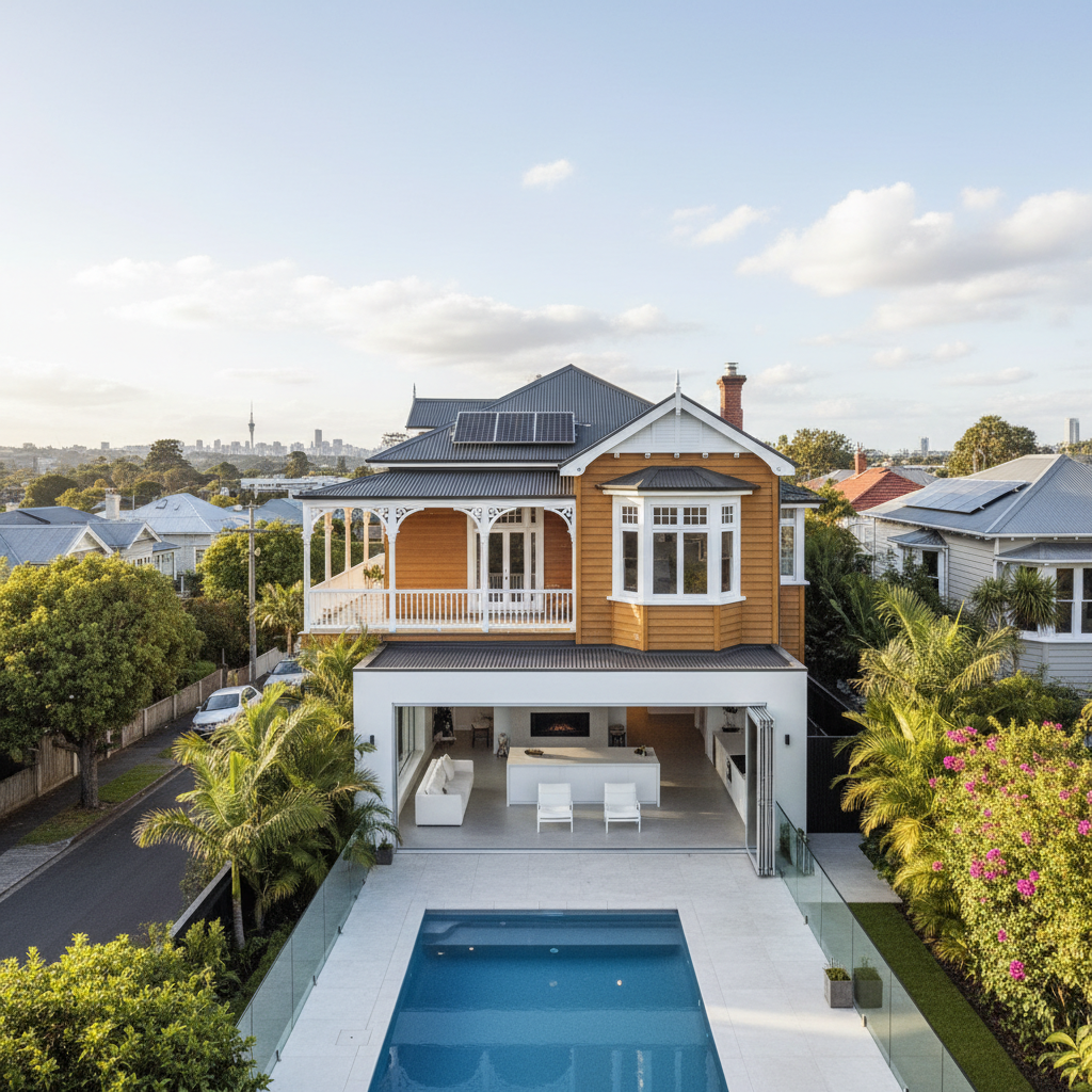 Renovated Grey Lynn villa with a pool and open-plan living, architectural photography style.