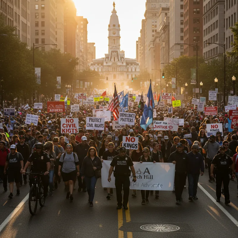 Thousands of demonstrators march in Philadelphia protesting the Trump administration's policies.