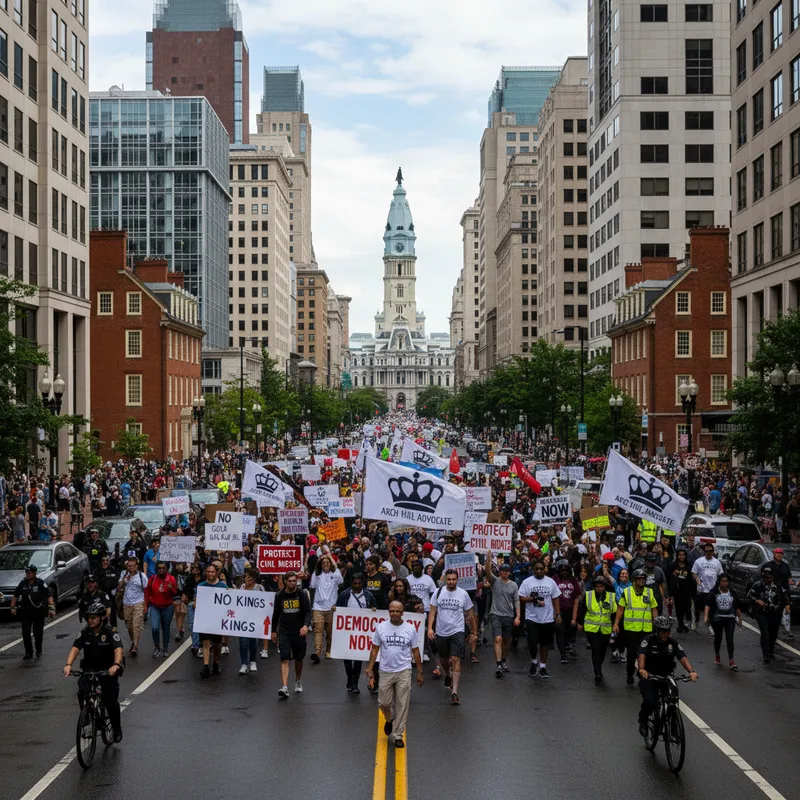 Demonstrators marching through Philadelphia protesting the Trump administration's policies on civil rights.