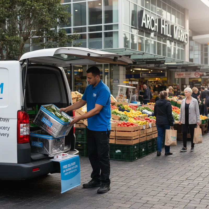 A TUM driver loading insulated produce boxes into a delivery van outside an Auckland market. — The Arch Hill Advocate