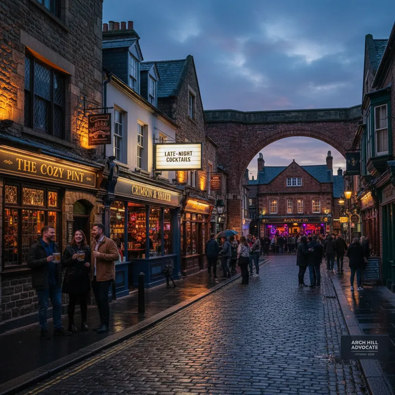 Arch Hill Advocate region at night, showcasing a vibrant street with diverse bars and pubs.