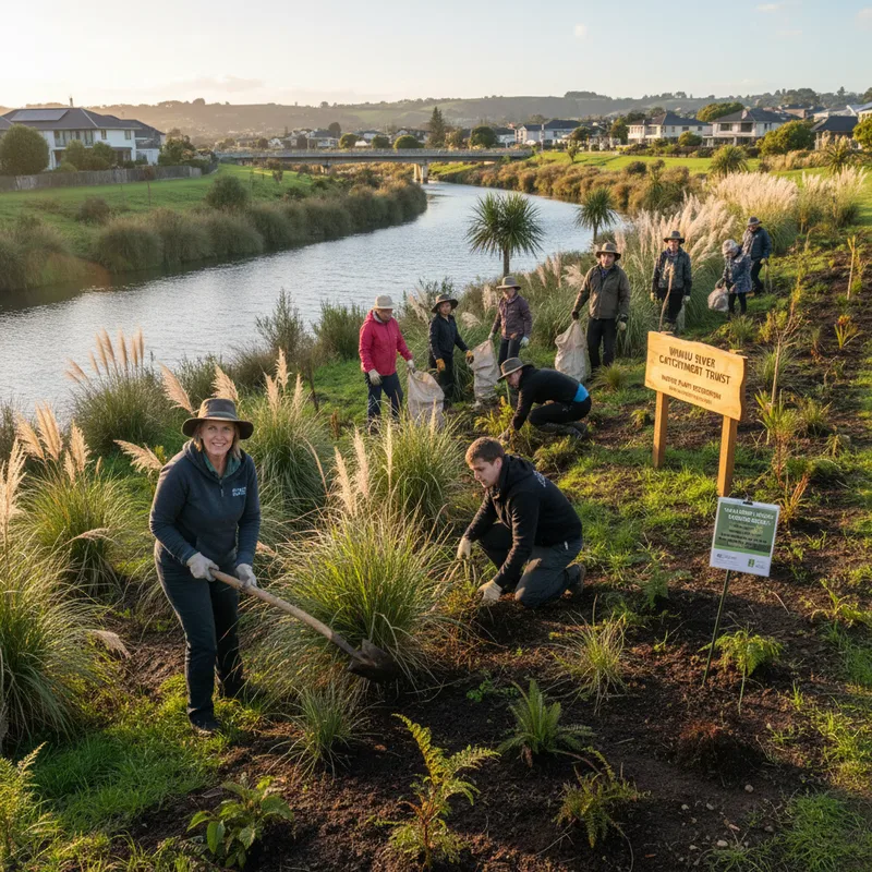 Volunteers weeding out invasive grasses and restoring native flora in a park in Blockhouse Bay.