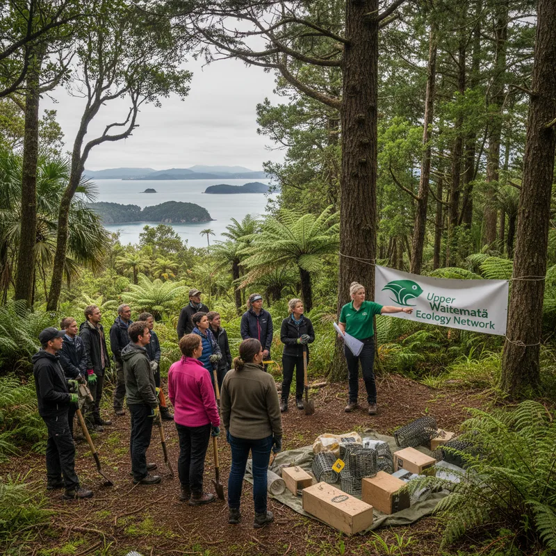 People volunteering in a park setting, likely participating in environmental conservation efforts.