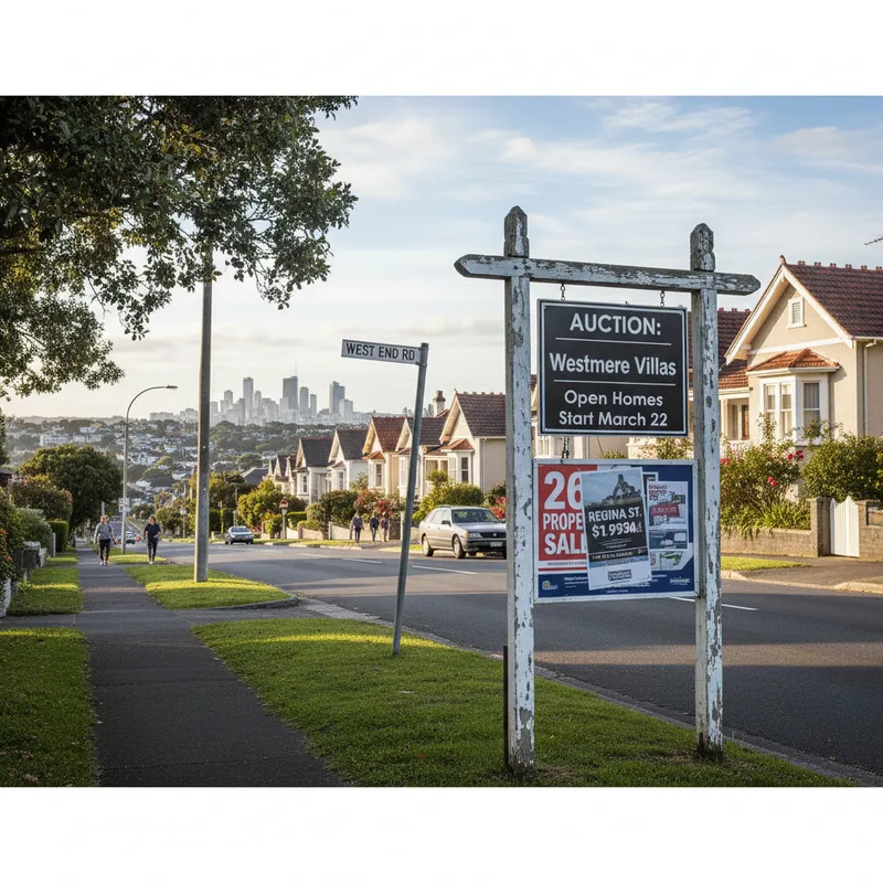 A street-level shot of West End Road with an auction sign and nearby Westmere villas. — The Arch Hill Advocate